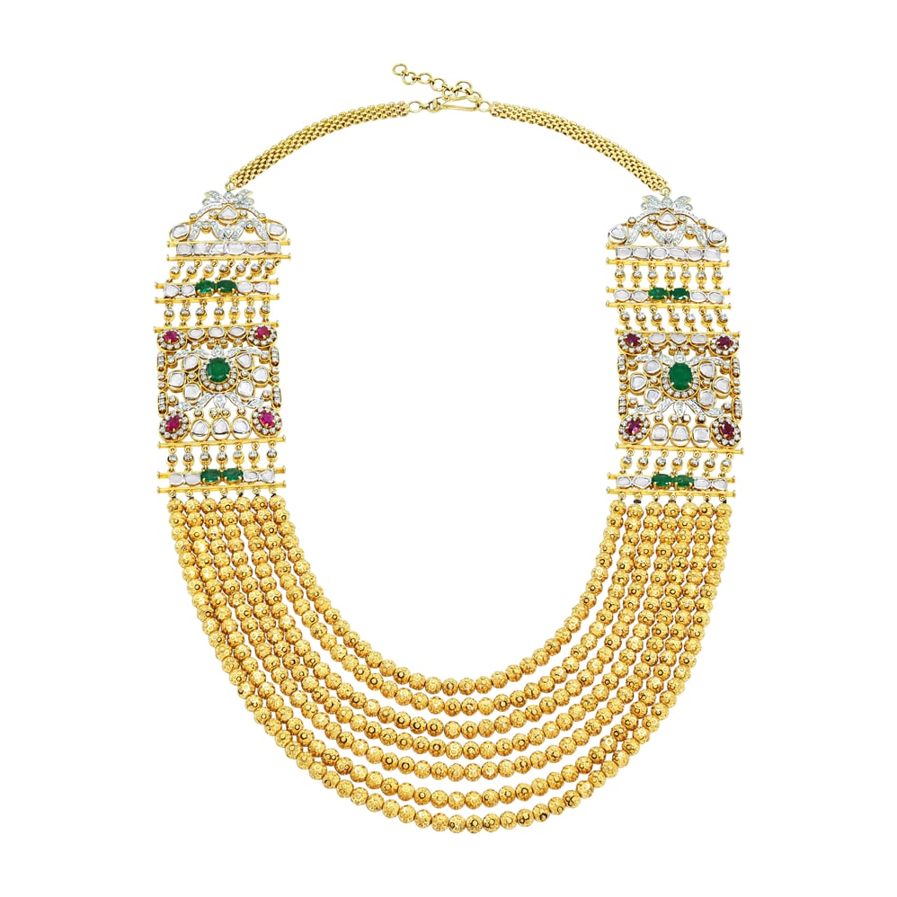 Layered Polki Necklace Set with Emeralds, Rubies, and Drops